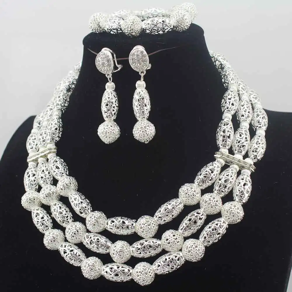 Christmas New Fashion African Wedding Jewelry Set Handmade 3 Layers Silver Beads Bridal Necklace Jewelry Sets Free Ship W13692