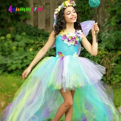 Kids Princess Flowers Rainbow Tutu Dress Baby Long Tail Fairy Costume Girls Colored Wedding Ball Gown Baby Party TUTU Clothing