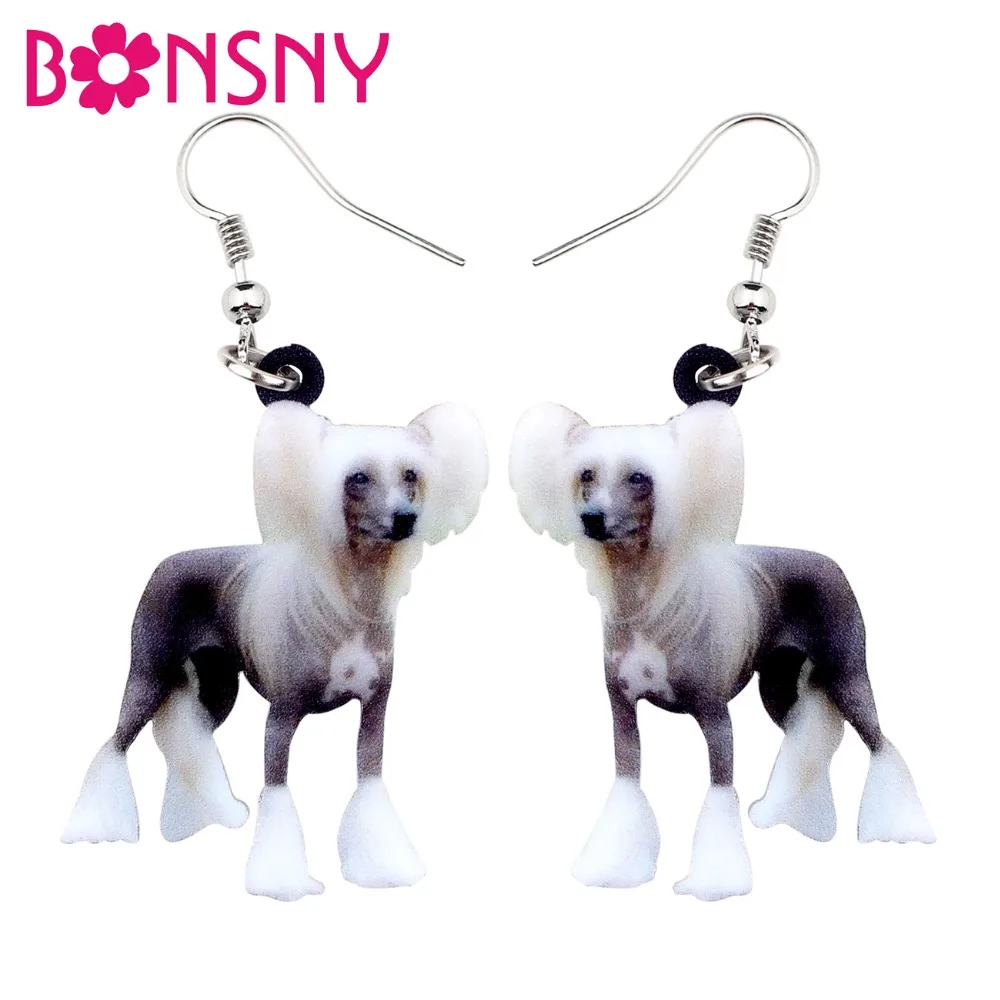 Bonsny Acrylic Elegant Chinese Crested Dog Earrings Big Long Dangle Drop Animal Jewelry For Women Girls Ladies Teens Accessory