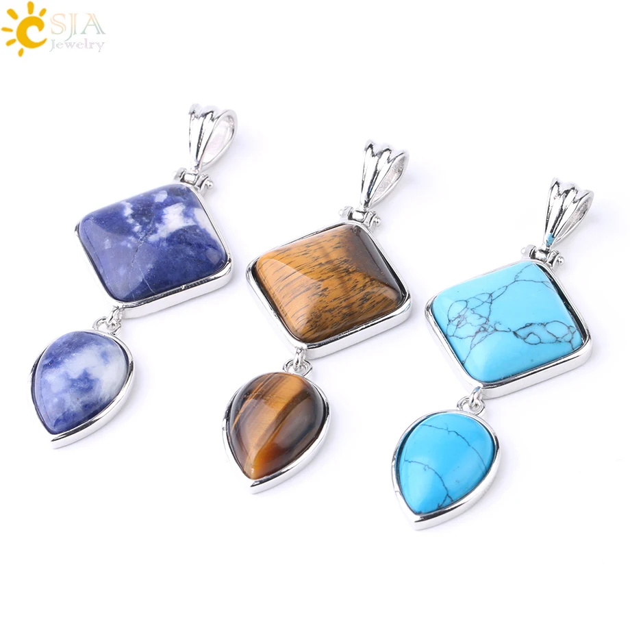CSJA Natürliche Steine Anhänger Kristall Platz Wasser Tropfen Quarz Lapis Lazuli Geometrische Anhänger für Halsketten Frauen Schmuck F814