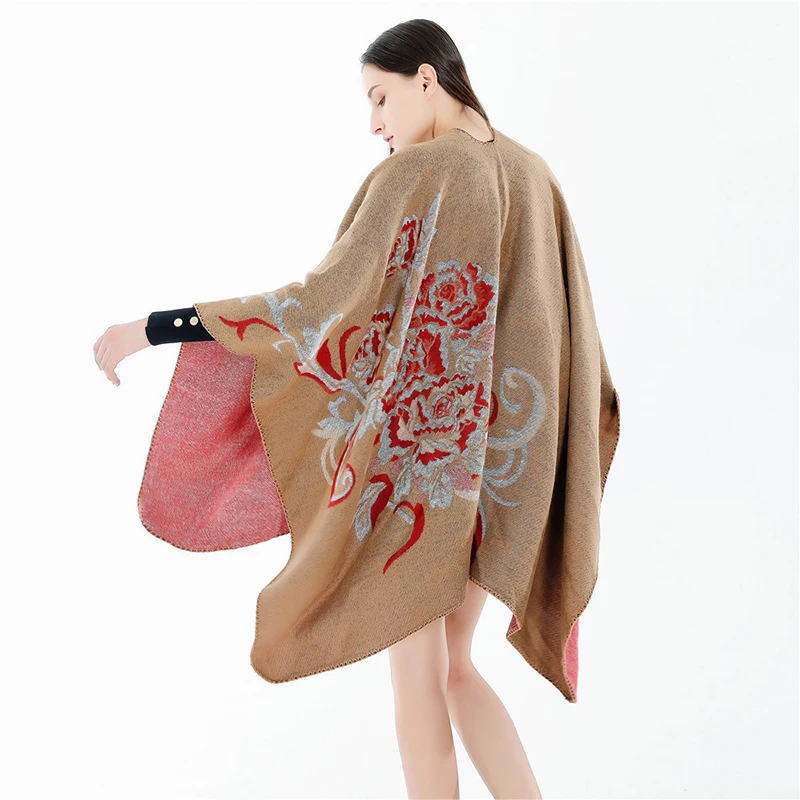 

new fashion floral print temperament double side shawl women autumn winter thick warm comfortable soft wild tassel cloak