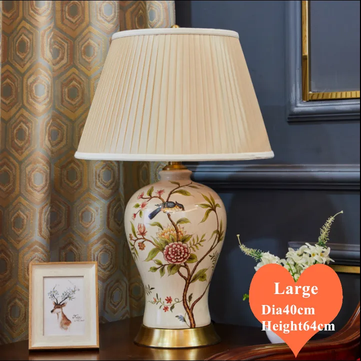 Chinese flower bird ceramic large Table Lamps European retro apricot lampshade copper base E27 LED lamp for bedside&foyer MF036