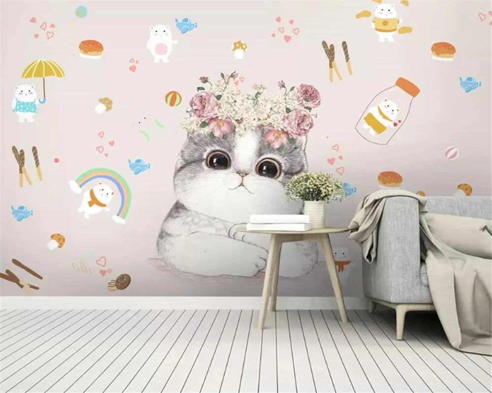 beibehang Custom 3d wallpaper mural Modern cartoon kitten flower children room wall TV living room background wall 3d wallpaper