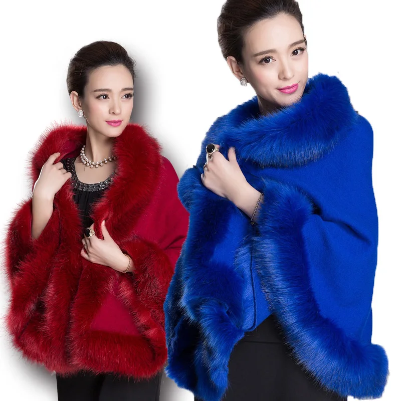 New Fashion Spring Women Faux Fur Coat Leather Grass Fox Fur Collar Ponchos And Capes Lady Purple Shawl Cape Wool Fur Coat