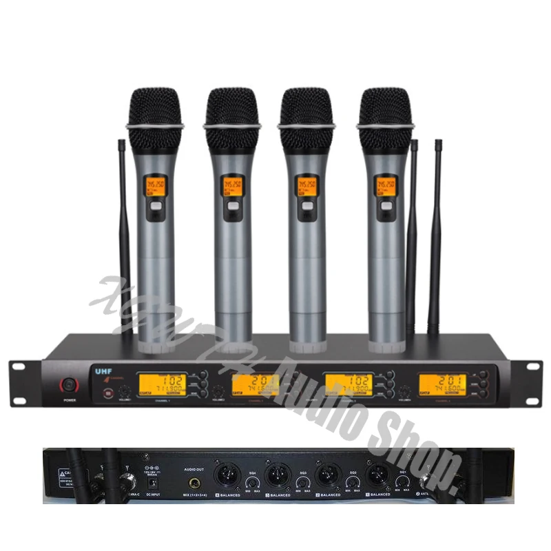 4 x 100 Channel UHF Series Audio Studio Wireless Karaoke Microphone System 4 Handheld Mic Recording Studio Equipment