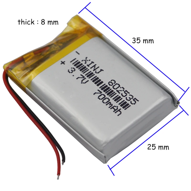 3.7V 700 mAh 2.59Wh 802535 Rechargeable Polymer Li Lithium Lipo Battery For GPS DashCam MP4 E-Book Driving Telephone Tablet PC