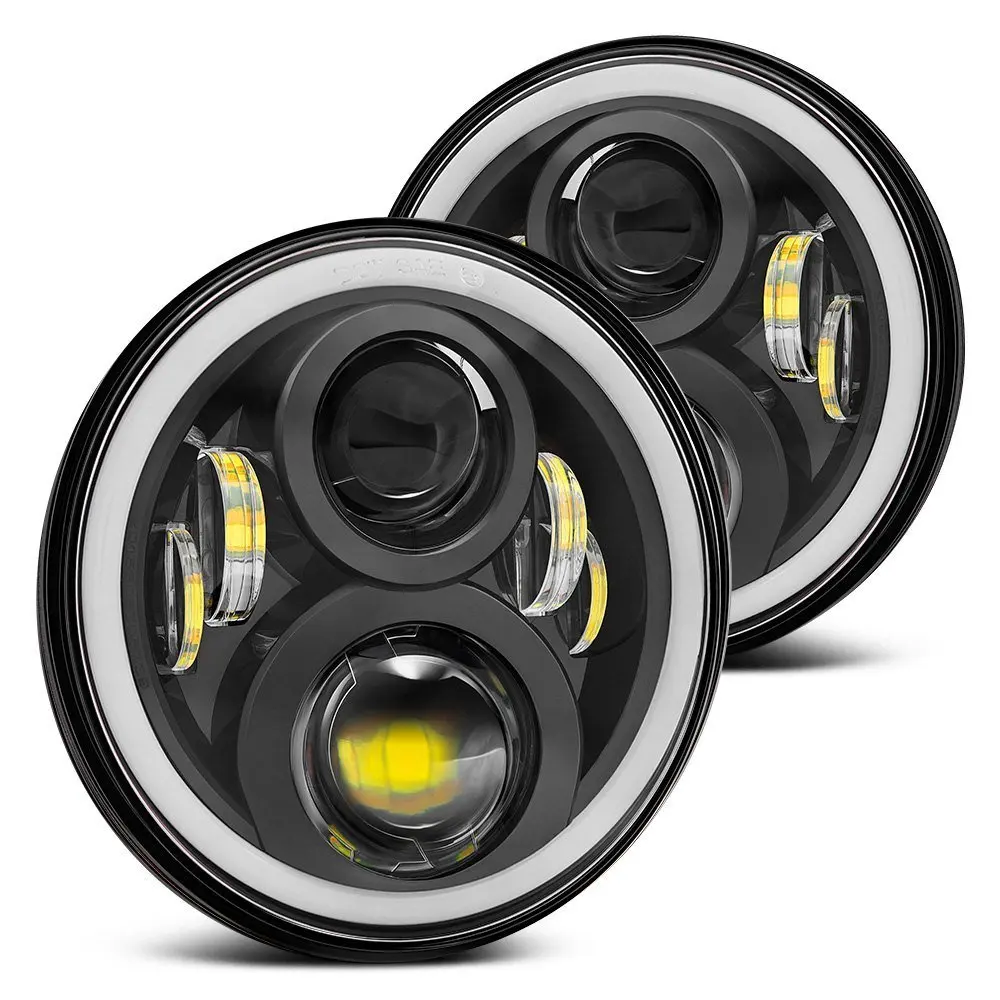 For Jeep Wrangler JK CJ 7inch RGB DRL Halo Ring Round LED Headlights Angel Eyes with Multicolor Bluetooth Remote Control Lights