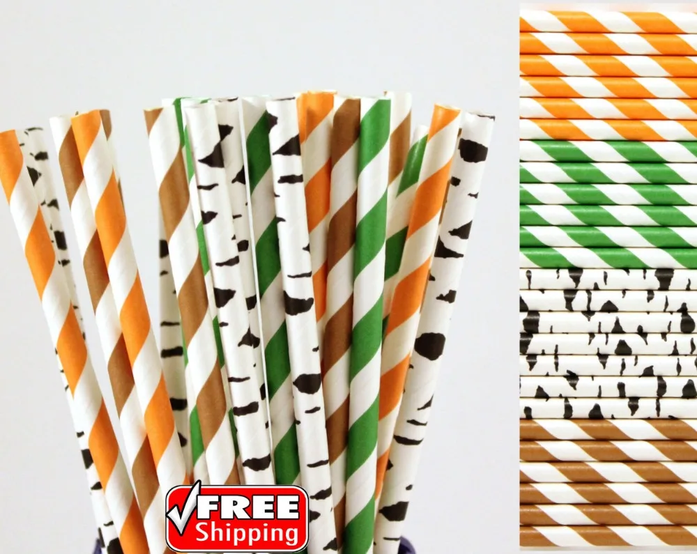 200 Pcs Mixed 4 Designs Black,Green,Orange,Brown Themed Paper Straws-Striped,Birch Woodland Tree Fall Garden Party Dringking