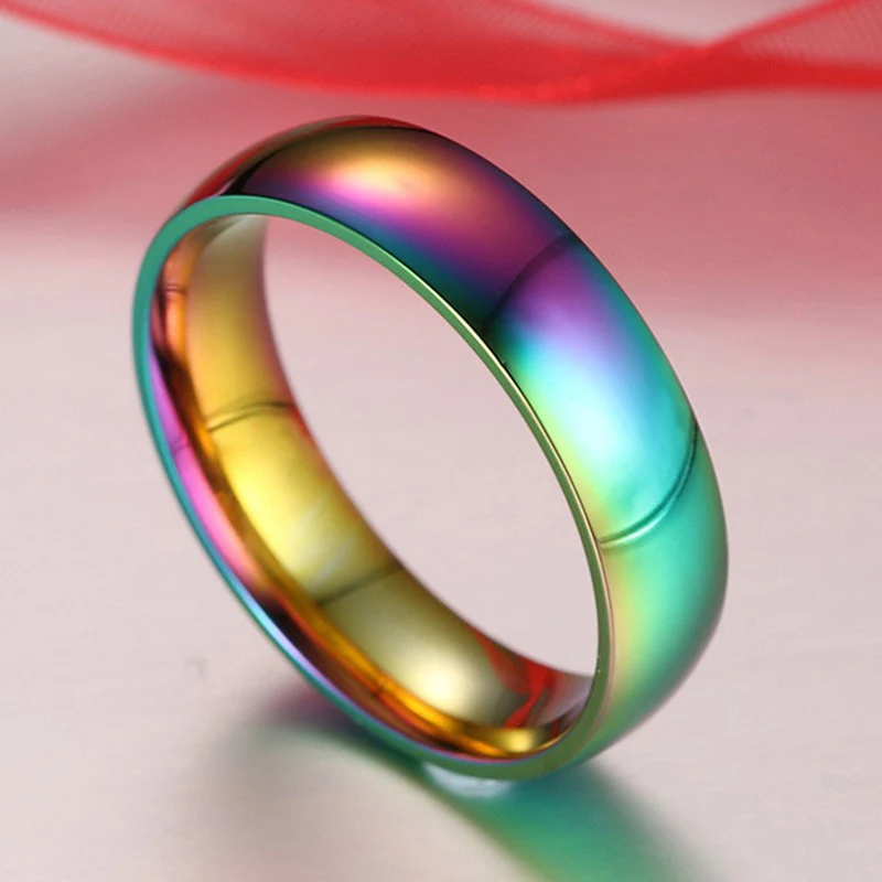 EKUSTYEE New Rainbow Colorful Rings for Women Trendy Cute Stainless Steel Wedding Ring Bands Jewelry Width 6mm