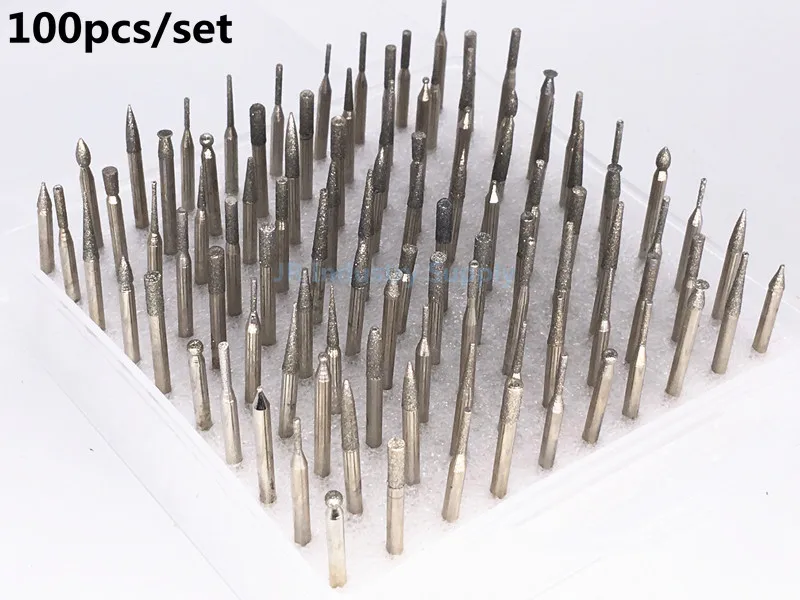 

Jrealmer 100pcs/set Diamond grinding burrs 1.0-3.5mm mounted points Rotary Tool Engraving Etching Abrasive tool