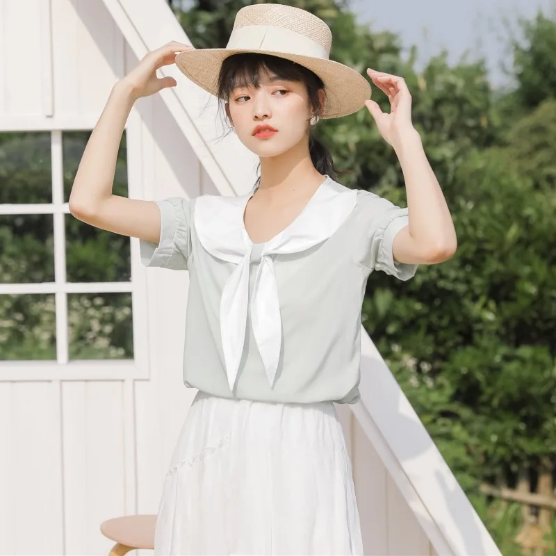 Chiffon Shirt Summer New Women Korean Slim Short Sleeve Round Collar Blouse Top Girl Student Bowknot Sweet French Shirts H9160