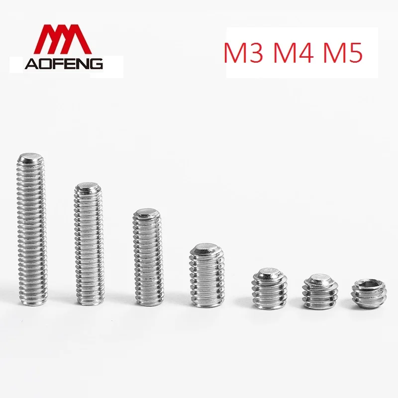 M3 M4 M5 304 Stainless Steel Flat End Hexagon Socket Set Screws M3x3 4 5 6 16 M4 x 20 M5 X 12 20 Hexagon Socket Fastening Screws