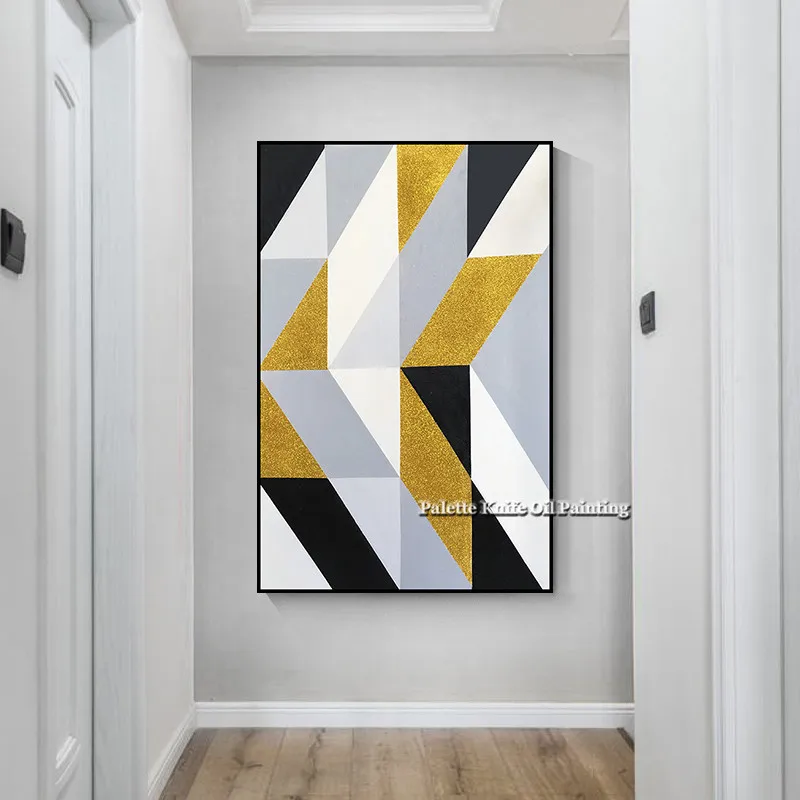 

Hand-Painted Abstract Geometric Golden White Oil Painting Wall Art Pictures for Living Room Home Decor Modern Abstract Qudraos