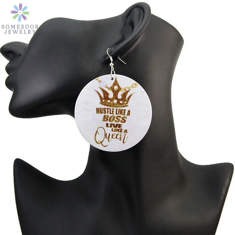 SOMESOOR Printed Black Sayings African Crown Wood Drop Earrings Hustle Like Boss Live Like Queen Afro Power Jewelry Accessories