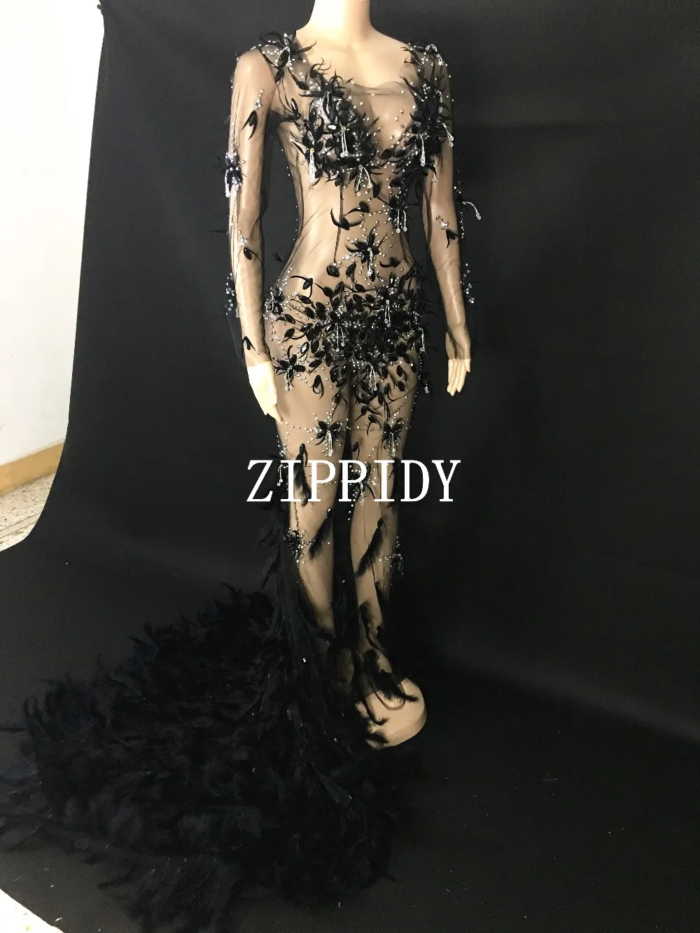 Black Big Rhinestones Mesh Feather Tail Dress Women's Birthday Outfit Evening Party Stage Wear Sexy Perspective Long Dresses