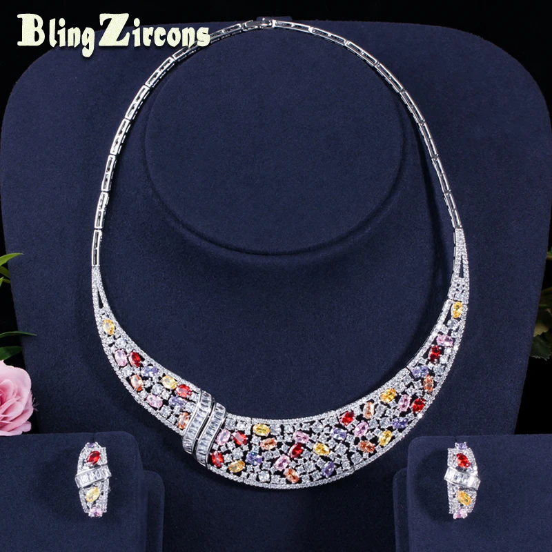 BeaQueen Multicolor Cubic Zirconia Stone Setting Stunning Women Colorful Wedding Costume Necklace Earrings Jewelry Set JS142