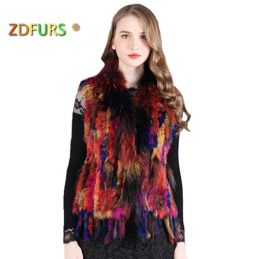 

ZDFURS *2017 Knitted Rabbit Fur Gilet/waistcoat Fashion Raccoon Fur Collar Women Rabbit Fur Vest in Stock Gradient Color