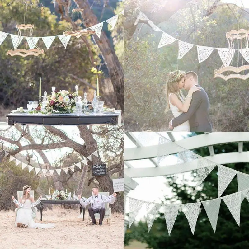 Vintage Trang Trí Đám Cưới Bunting Mộc Mạc Váy Lót Biểu Ngữ Ren Trắng Vải Cờ Đuôi Nheo Vòng Hoa Dự Tiệc Cung Cấp 3.2M 12 Lá Cờ