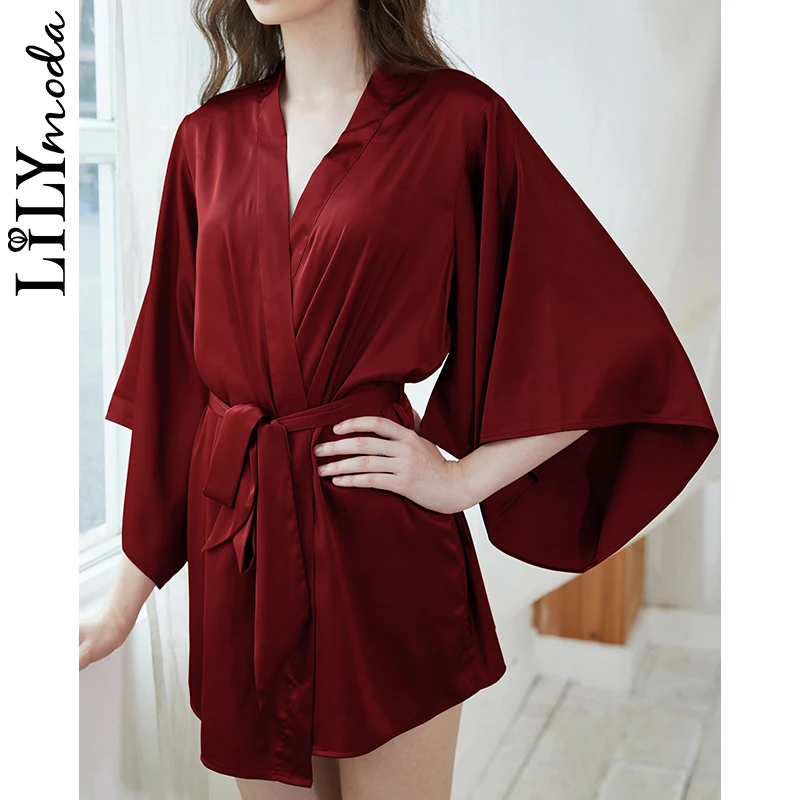 

LILYMODA New Arrival Sexy Kimono Comfortable Women Faux Silk Nightgown Nightdress Wedding Bride Bridal Party Bath Robes Gift Red