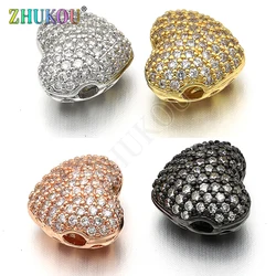2pcs/lot, Handmade Brass Cubic Zirconia Heart Beads for Jewelry Findings, Mixed Color, Hole: 2mm, Model: VZ165