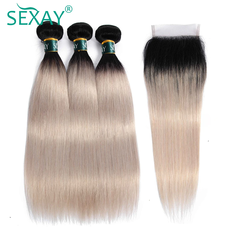 Sexay-Extensions de Cheveux Humains Brésiliens, Gris 1B, avec Optique de Fermeture, Sophia Straight Ombre, 3 4 Bundles avec Fermeture à Lacet 4x4