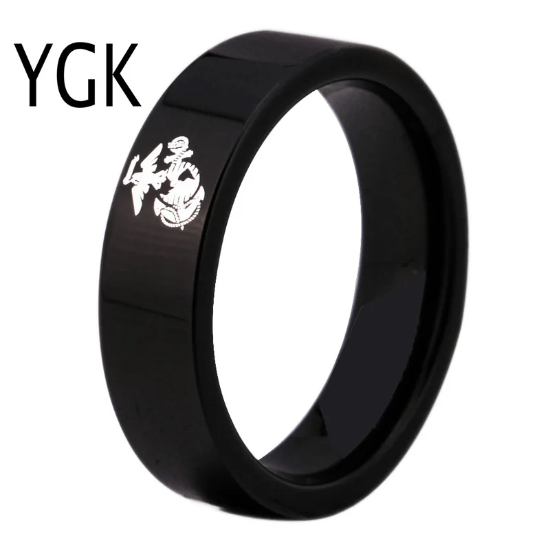 YGK Brand 6MM Black Pipe Army Ring USMC Design Men's Tungsten Comfort Fit Ring