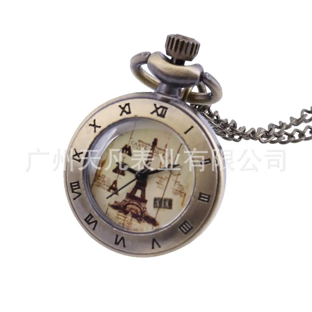 6100  Small French Eiffel Tower Roman pocket watch European style retro fashion with  necklace