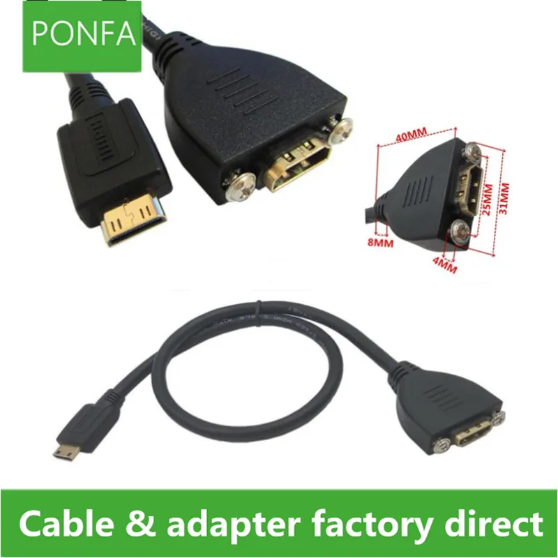 Gold Plated High Speed Mini HDTV Male to HD Type A Female Extension Cable With Screw Panel Mount 0.5m 1m 1.5m