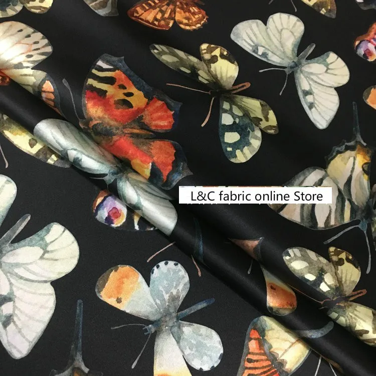 Butterfly Printed Silk Dress Fabric of European and American Major Brands 19 M Elastic Silk Satin Fabric