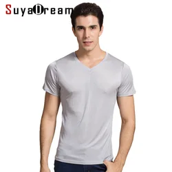 SuyaDream Men basic T shirt Natural Silk V neck Solid Short Sleeve Shirts White Black Grey 2022 Spring Summer Top