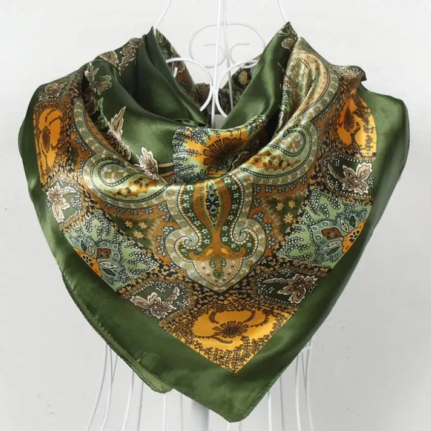 Elegant Paisley Design Satin Square Silk Scarf Headscarf Printed Women Brand Polyester Scarves Shawls,Blue,Army Green,Yellow,Red