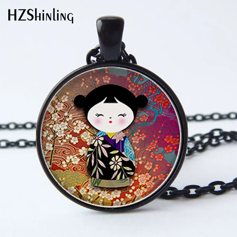 HZ--A293 Kokeshi Doll pendant, Kokeshi necklace charm Japanese jewelry, burgundy wine ethnic doll charm HZ1