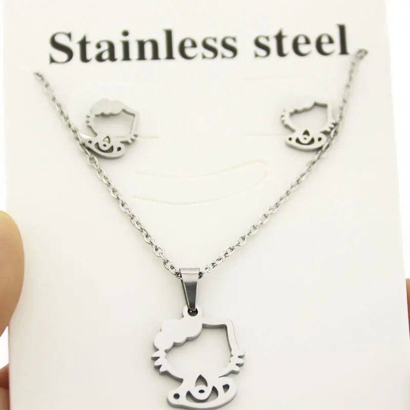 1 Set Stainless Steel Jewelry Set Tiny Kitty Kitten Cat Charms Animal Necklace Earrings Jewellry Set Women Girls Gifts
