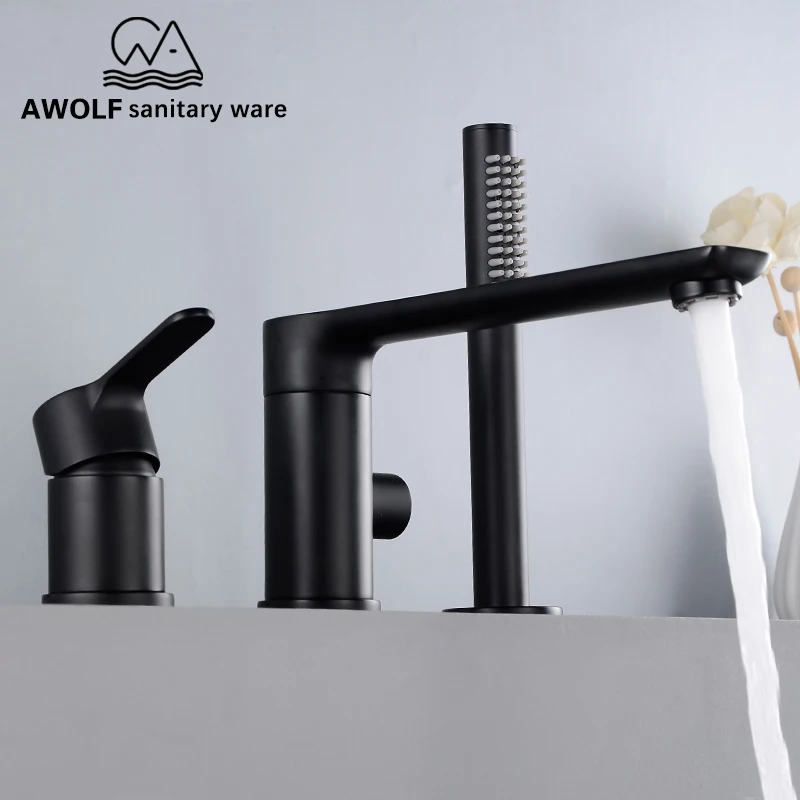 Awolf Black Deck Mounted Bathroom Bathtub Shower Faucet Tap Sink Faucet 3 Pcs Solid Brass Mixer Tap Douche Kit ML8057