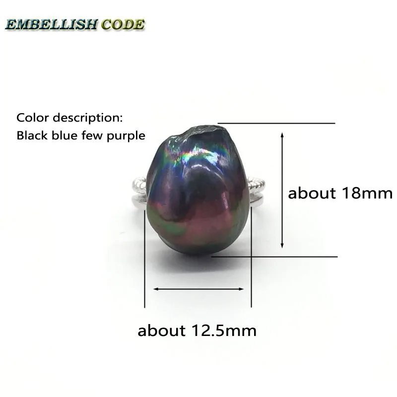 Resize baroque pearls 925 silver Ring black blue colourful Lustrous tissue nucleated flameball for women cultured pearl rings