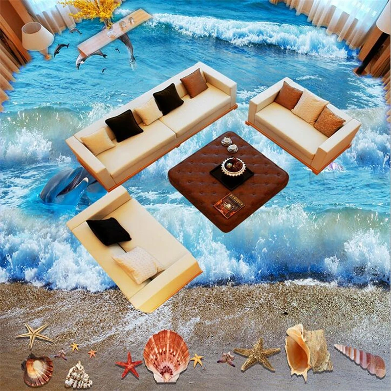 wellyu Custom wallpaper 3d summer beach starfish dolphin flooring decoration drawing living room self-adhesive 3d flooring tiles