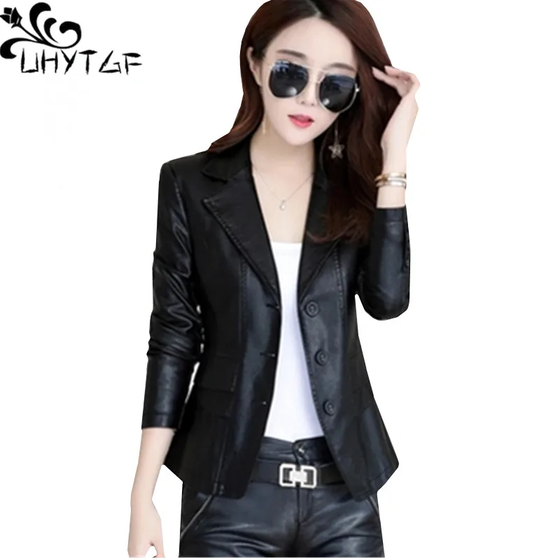 UHYTGF 5XL Quality Leather Jacket Women Spring Autumn Coats Outerwear Female Suit Collar Slim Short Leather Jackets Ladies 816