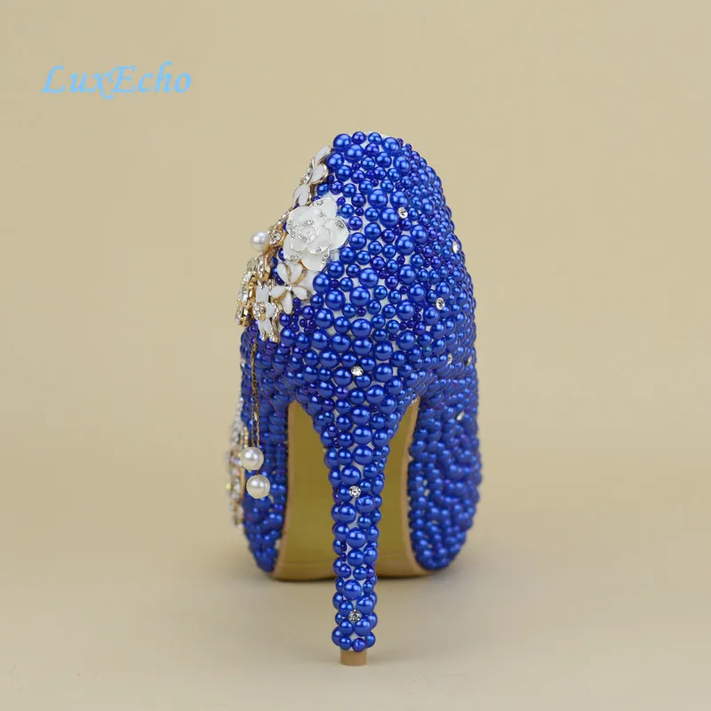 NEW Royal blue pearl wedding shoes and Bags SETS women\'s high heels platform shoes woman party Dress shoe with matching bag