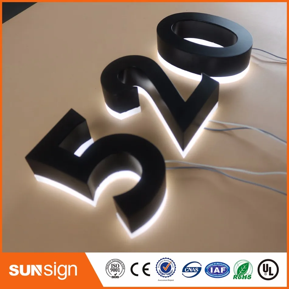 H25 cm sortie d'usine, rétro-éclairage LED en acier inoxydable, numéro de maison, numéro de plaque de porte led 3D