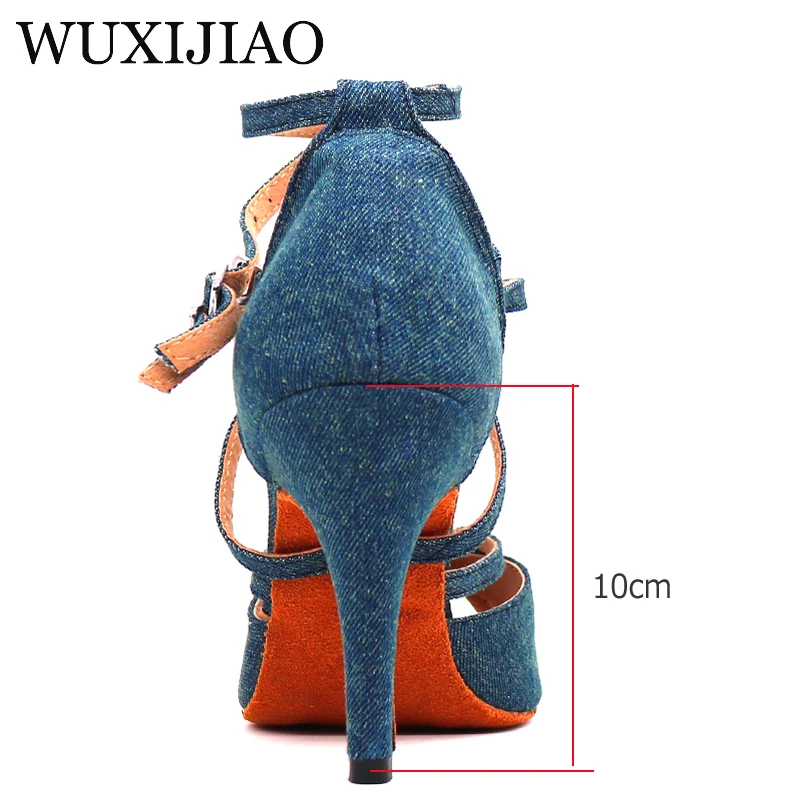 WUXIJIAO Denim Fabric Women Professional Latin Dance Shoes Salsa Ballroom Samba Dance Shoes Ladies High Heels Soft Heel 5-10cm