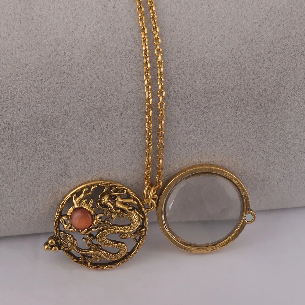 New Magnifier Glass Pendant Drangon with Stone bead Necklace Antique Gold Color jewelry opens and closes