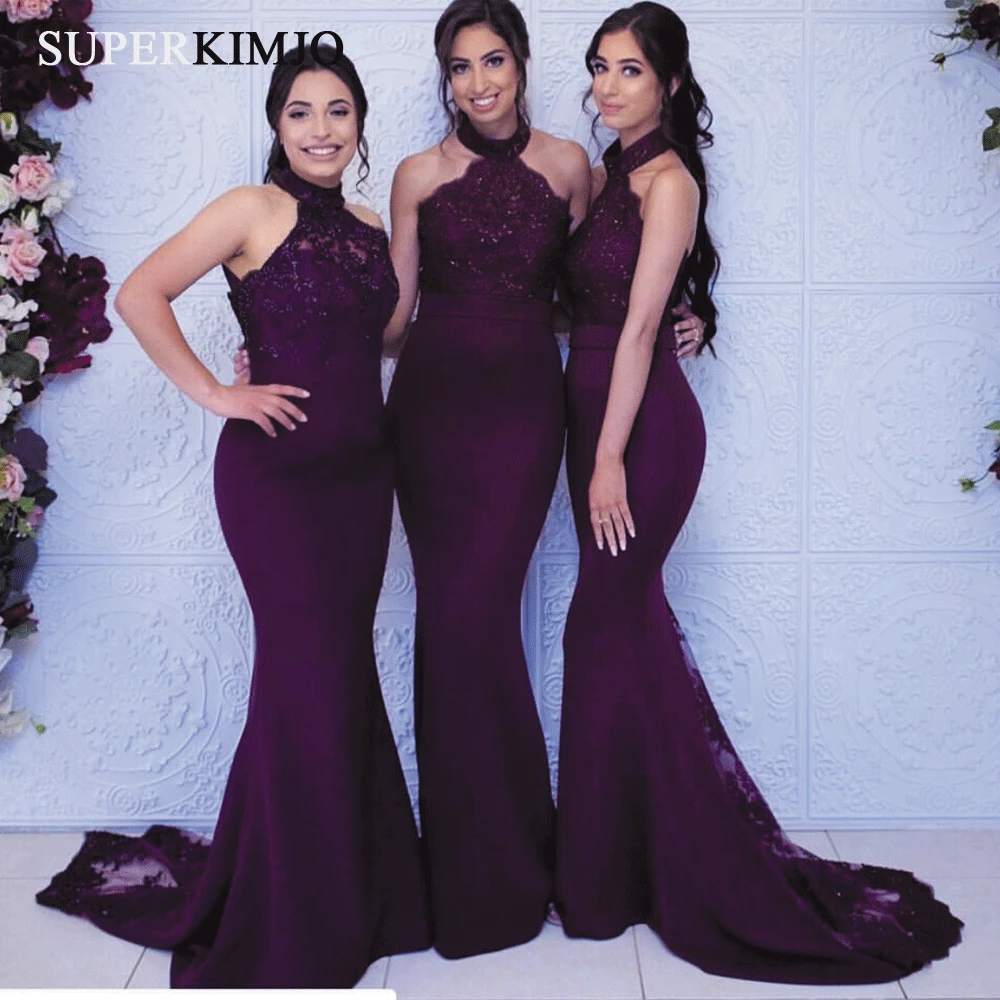 SuperKimJo Deep Purple Bridesmaid Dresses Long Lace Applique Mermaid Halter Cheap Wedding Party Dress Vestido Madrinha