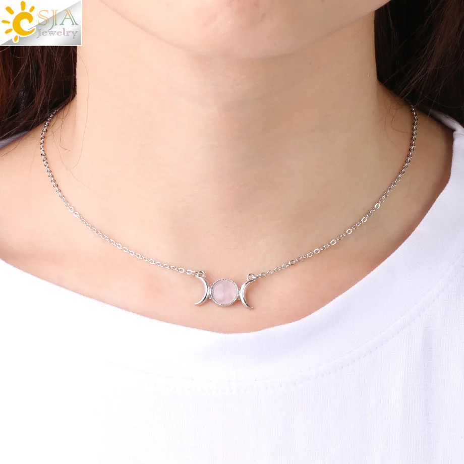 CSJA Vintage Crescent Clavicle Necklace Moon Sun Pendants Silver Color Choker Natural Stone Short Necklaces for Women Girls F707