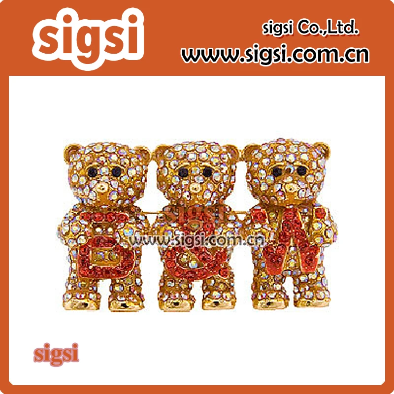 Wholesale Three bears Teddy with word brooch metal acrylic rhinestone brooch pin