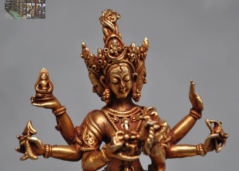 Tibet Bronze 24k Gold Buddhism 3 Head 8 Arms Goddess Tara Kwan-yin Buddha Statue