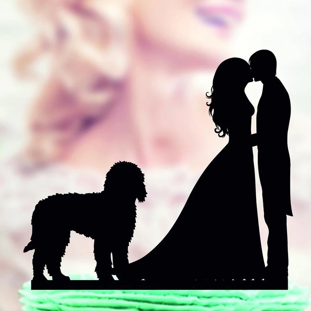 Family Wedding Bride and Groom  With  Dog Goldendoodle  Silhouette Cake Topper,Couple Wedding Cake Topper,Funny Cake Topper