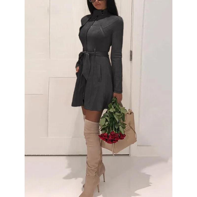 2019 Office Lady Faux Velvet Trench Autumn Winter Turtleneck Women Solid Zipper Long Coat Female Belt Slim Woolen Blends Outwear