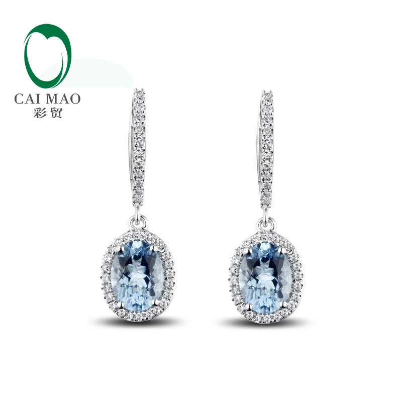 Caimao Jewelry Classic 14K White Gold Blue Aquamorine & Diamond Wedding Earrings