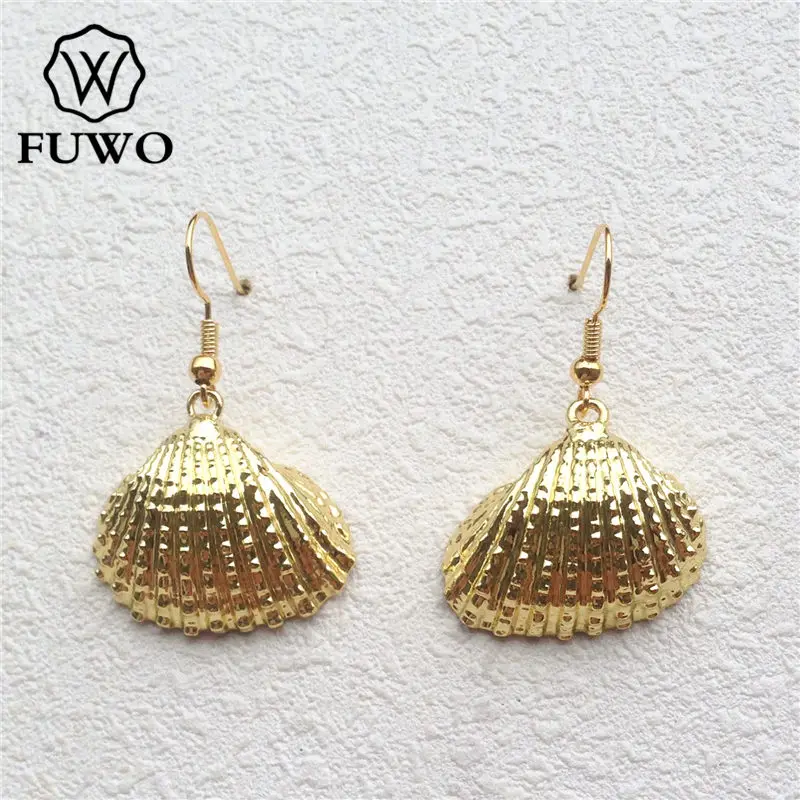 

FUWO Wholesale Natural Small Scallop Shell Earrings,Golden Plated Seashell Dangle Earring Jewelry For Women 5Pairs/Lot ER500