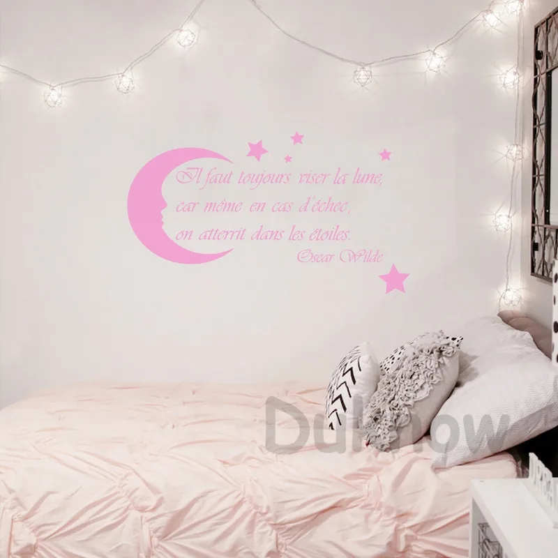 French Nursery Wall Art Decals Moon Stars Quote Decor , Oscar Wilde Saying Vinyl Wall Sticker France Home Kids Room Decoration